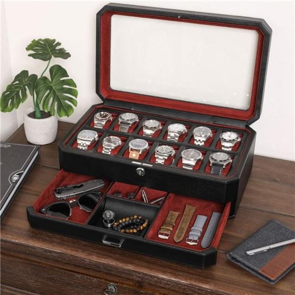 12 Slot Leather Watch Box with Valet Drawer - Microsuede Liner,  (Black/Red) - Picture 2 of 6